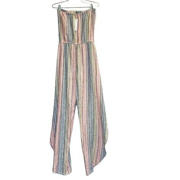 Drew Strapless Jumpsuit Split Hem Striped Linen Blend SZ xs NWT rainbow - Picture 2 of 11